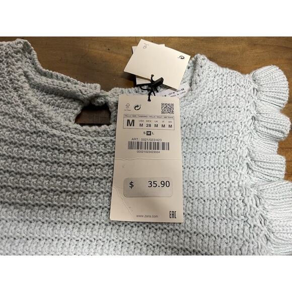 Zara Blue Knit Ruffle Sleeve Crochet Top Medium NWT - Picture 5 of 11